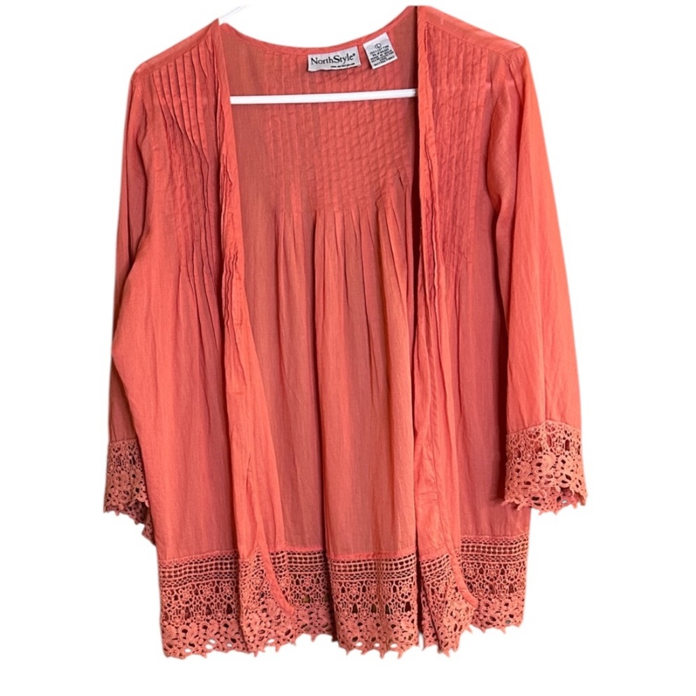 NorthStyle Coral Open Front Cotton Gauze Cardigan with Lace